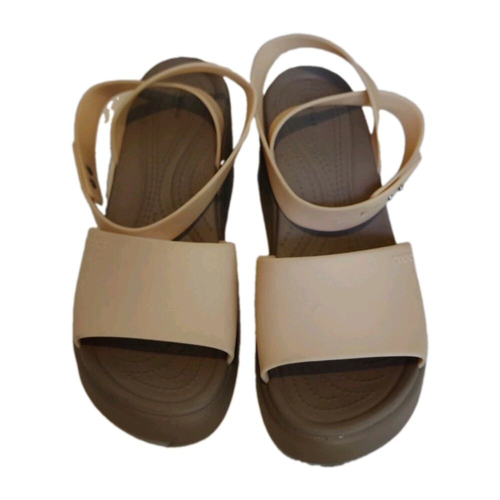 Crocs Brooklyn Women Wedge Sandals Size 10 Tan/Beige Ankle Strap Open Toe - Picture 2 of 9